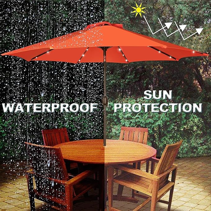 Blissun 9 ft Solar Umbrella, 32 LED Lighted Patio Umbrella, Table Market Umbrella, Outdoor Umbrella for Garden, Deck, Backyard, Pool and Beach (Orange)