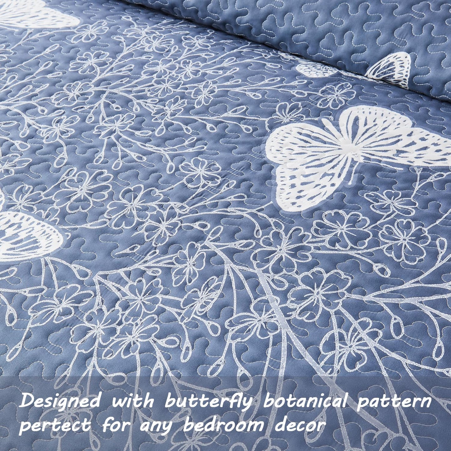Yogeneg King Size Quilt Set,White Butterfly Botanical Pattern Blush Grey Bedding Set,3 Piece Lightweight Soft Summer Bedspread Coverlet with 2 PIillow Sham for All Season(Butterfly,110"x96")