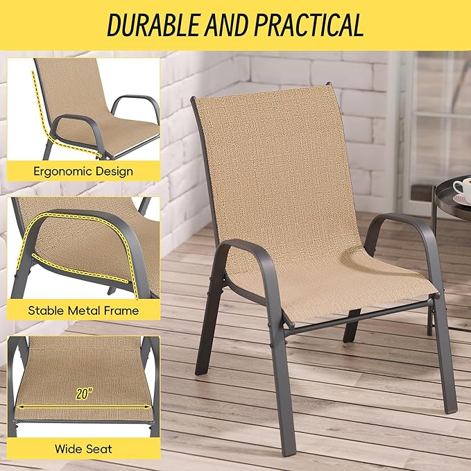 Betterhood Patio Chairs Set of 6, Stackable Outdoor Dining Chairs Set with Breathable Seat Fabric, All-Weather Powder-Coated Metal Frame for Deck, Pool Side and Backyard, 350LBS Capacity (Khaki)