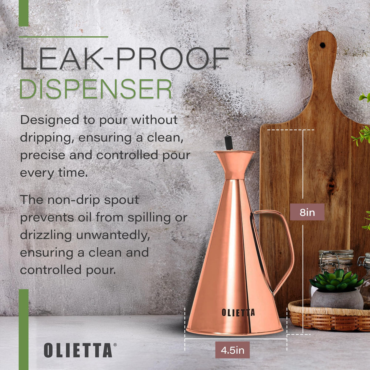 Olietta Olive Oil Dispenser Bottle Stainless Steel Non Drip Leak Proof No Mess Vinegar Pourer & Kitchen Drizzler 17 oz 500ML 0.5 Litre Great for Pouring & Drizzling Easy to Clean & Leakproof