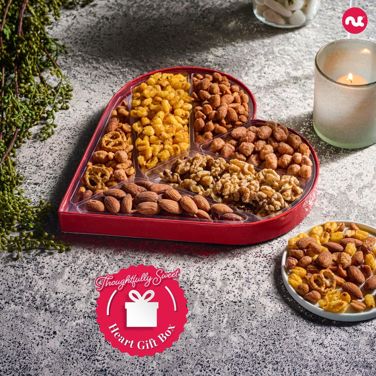 NUT CRAVINGS - Valentines Day Mixed Nuts Heart Shaped Gift Basket, Love in A Box (6 Assortments) Romantic Food Arrangement, Healthy Snack Care Package, Food Assortments