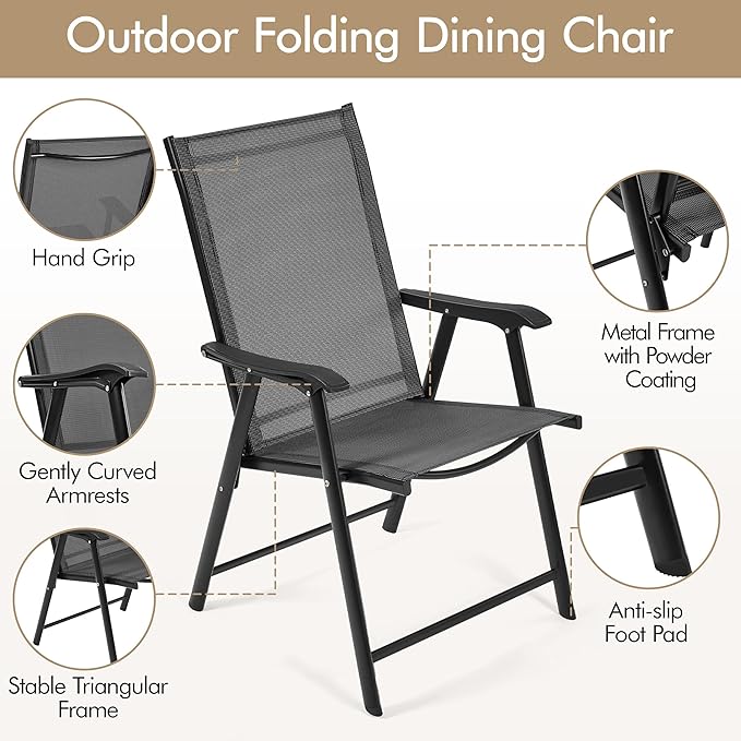 Yaheetech Patio Dining Chairs Set of 4 with Armrests, Outdoor Folding Chairs with Metal Frame and Backrest for Lawn, Garden, Yard and Poolside, Black