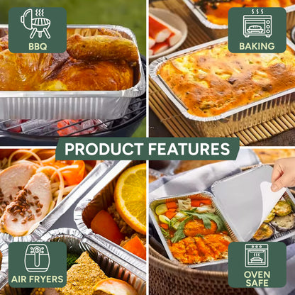 Zuvo 50 Large Aluminium Disposable Reusable Foil Food Container with Lids, 600 milliliters, Silver
