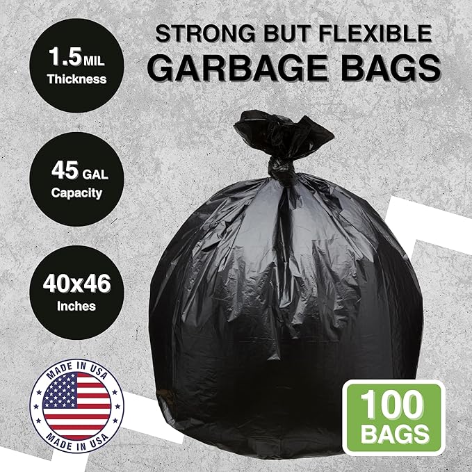 45 Gallon Garbage Trash Bag 40X46" 1.5 Mil Black 100 Count Can Liner Bulk 40