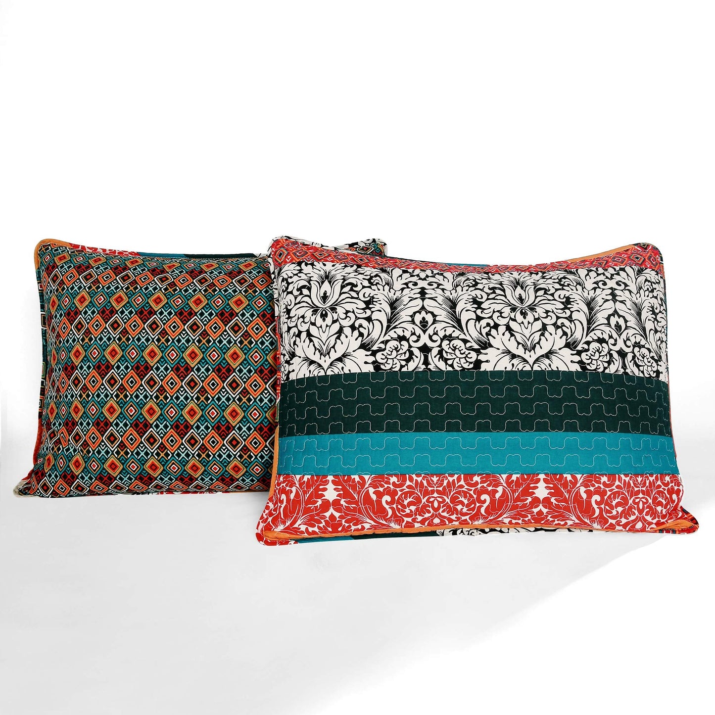 Lush Decor Boho Stripe Reversible Cotton Quilt 3-Piece Set, Full/ Queen, Turquoise & Tangerine - Bold Colorful Bohemian Bedding Set