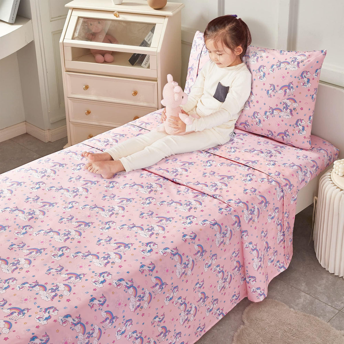 Softan Kids Bed Sheet Set, 3-Piece Twin Sheets Set, Microfiber Fitted Sheet with 15 Inches Deep Pocket and Corner Straps, Breathable & Silky Soft Pink Unicorn Pattern Sheet and Pillowcase Sets
