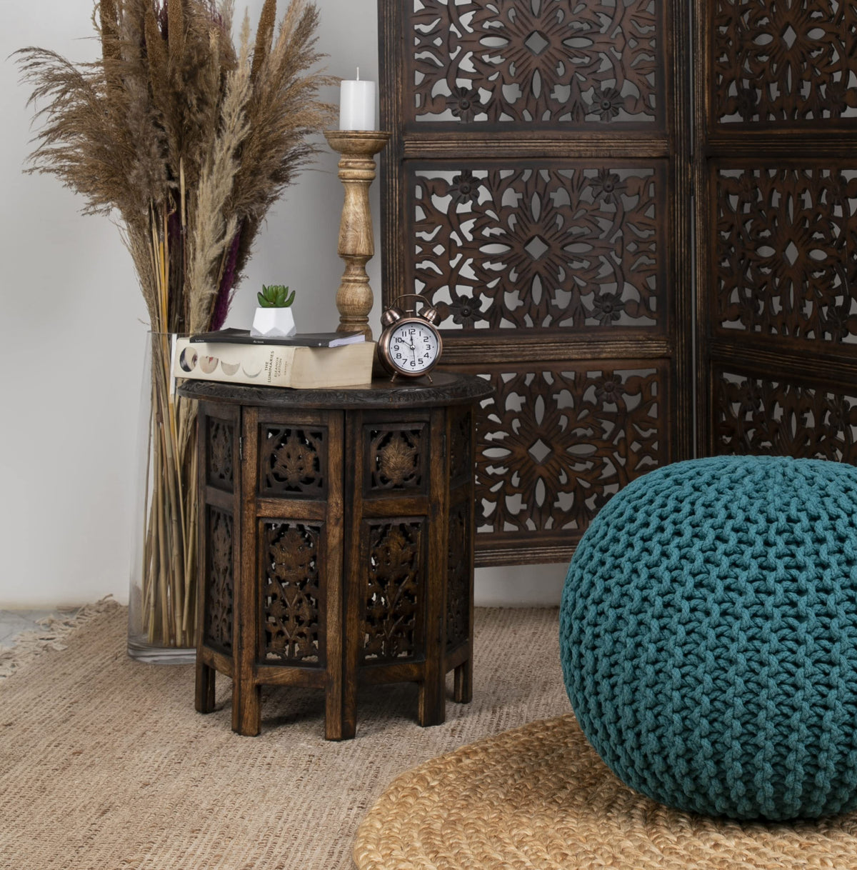 Solid Wood Accent End Table - Hand Carved Vintage Boho Folding Side Table - Small Spaces Entryway Farmhouse Living Room Bedside - No Tools Assembly -18x18 Round - Jaipur Antique Brown -Cotton Craft