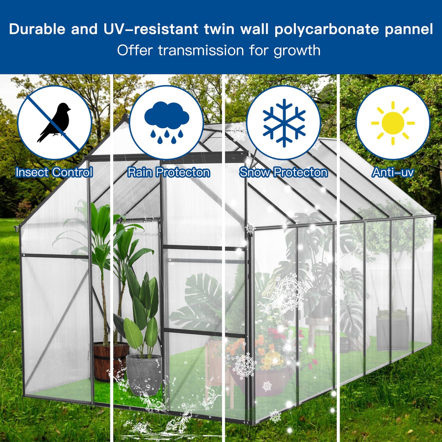 KEIKI 6x12 FT Polycarbonate Greenhouse with Aluminum Frame,Raised Base and Roof Vent,Walk-in Greenhouses for Patio Garden