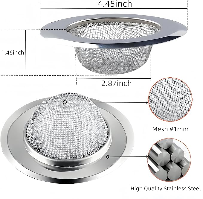 2PCS Kitchen Sink Drain Strainer, Stainless Steel Mesh Sink Strainer, Kitchen