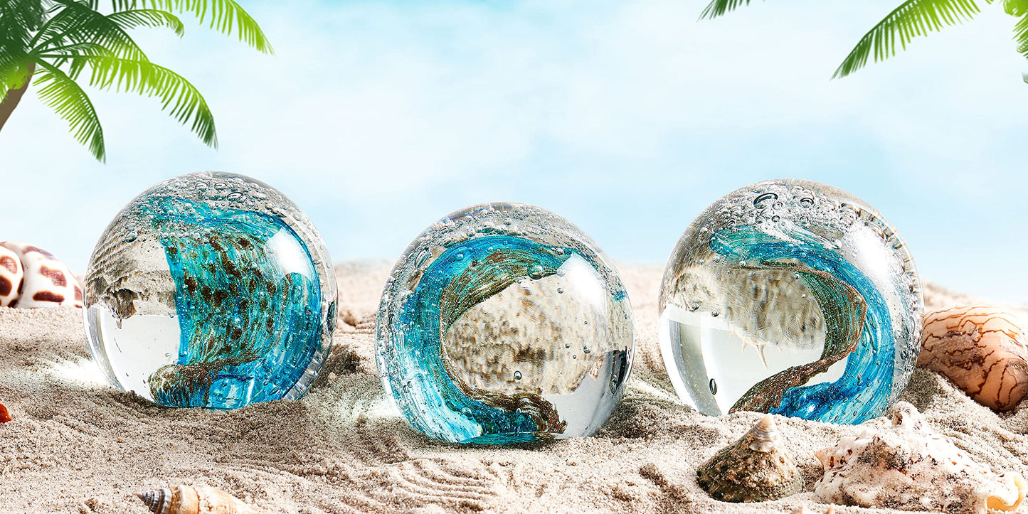 EUSTUMA Hand Blown Glass Figurines Ball Ocean Waves,Office Paperweight Glass for Desk,Home Decor Collectible,Aquarium Decor,Office Decor Ocean Lovers (Waves)