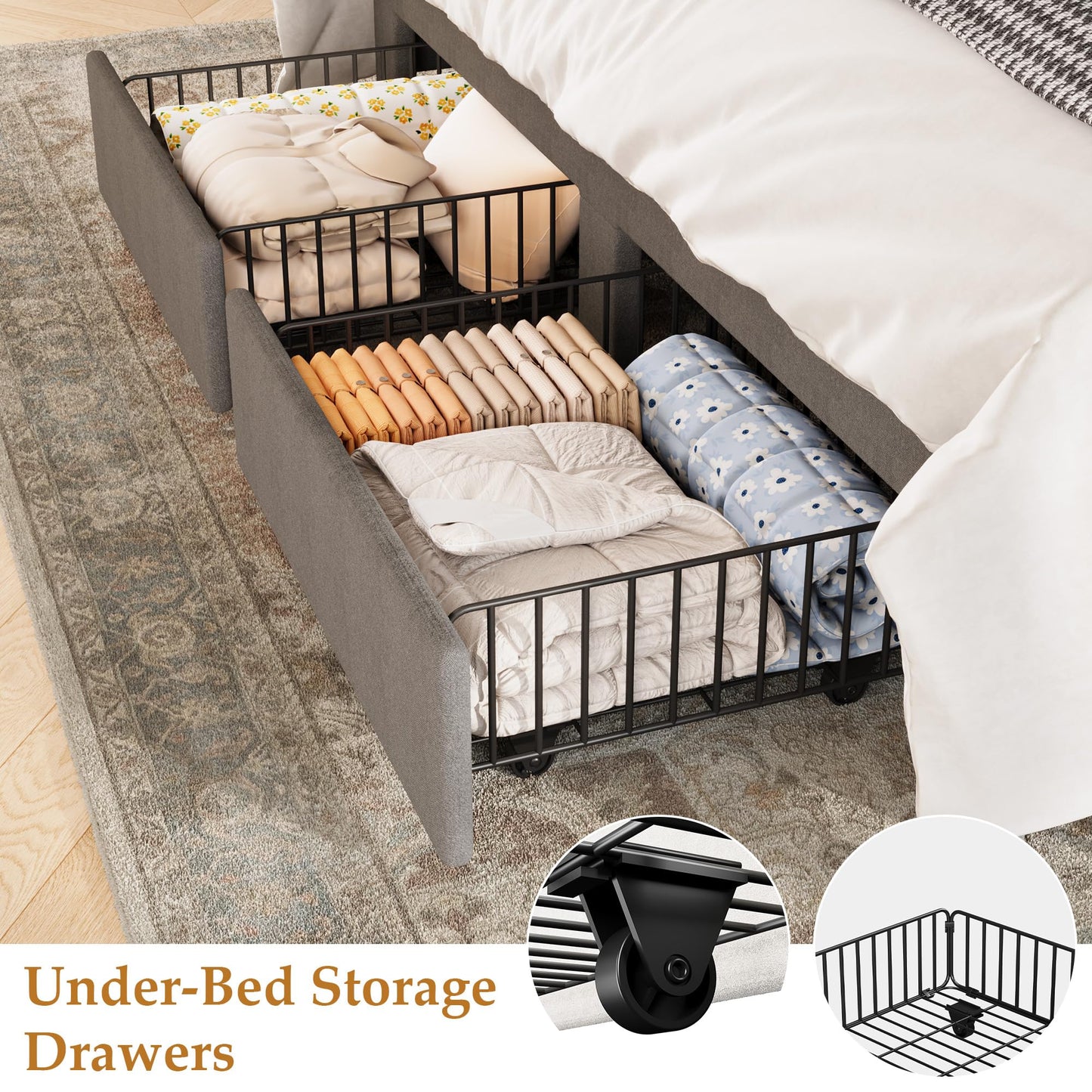 GarveeHome Queen Size Bed Frame, Bed Frame Upholstered Platform Bed with Velvet Headboard, Wing Edge Design, 2 Storage Drawers, No Box Spring Needed, Grey