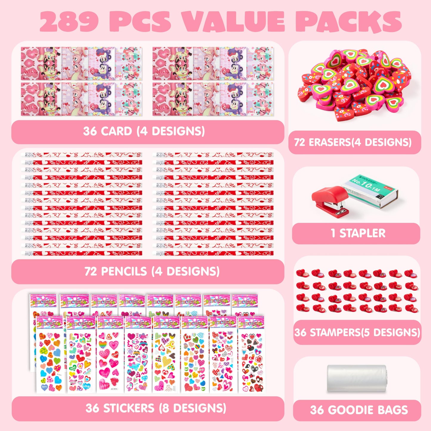 JOYIN 24packs Valentines Day Stationery Gifts, 96pcs Party Favor with Pencil, Erasers, Notebook & Bags for Kids School Classroom Exchange Supplies