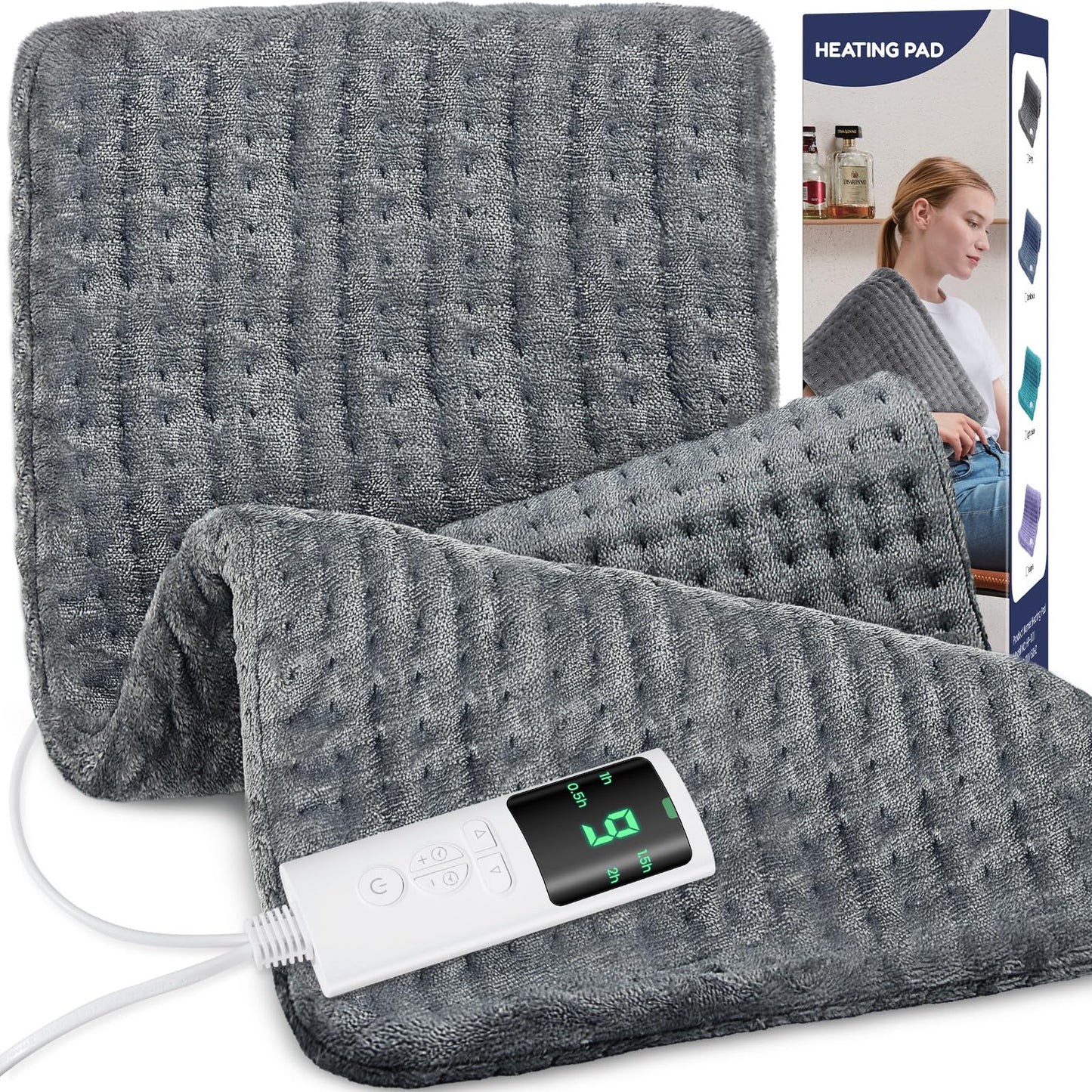 Extra Large Heating Pad for Back Pain Relief, 33"x17" Electric Heat Pad for Neck, Shoulders, Cramps, Menstrual Pain, 9 Heat Settings & 4 Auto-Off Timers, Soft Machine Wash Fabric, Gifts for Lover Gray