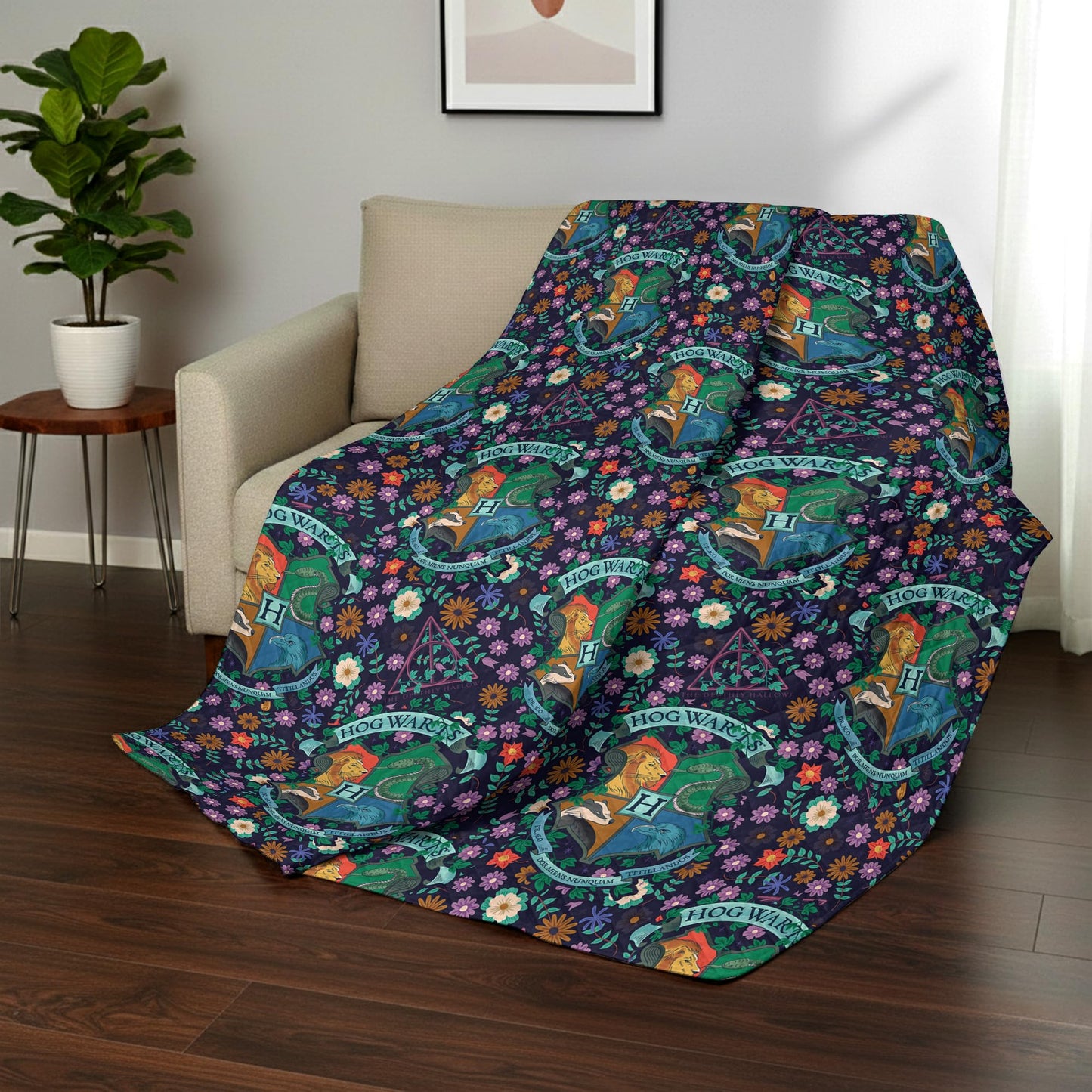 Harry Potter Botanical Crests Twin Quilted Throw Blanket Adults Boys Girls, Soft Lightweight Bedding for Bed, or Couch, 60 x 90 inches