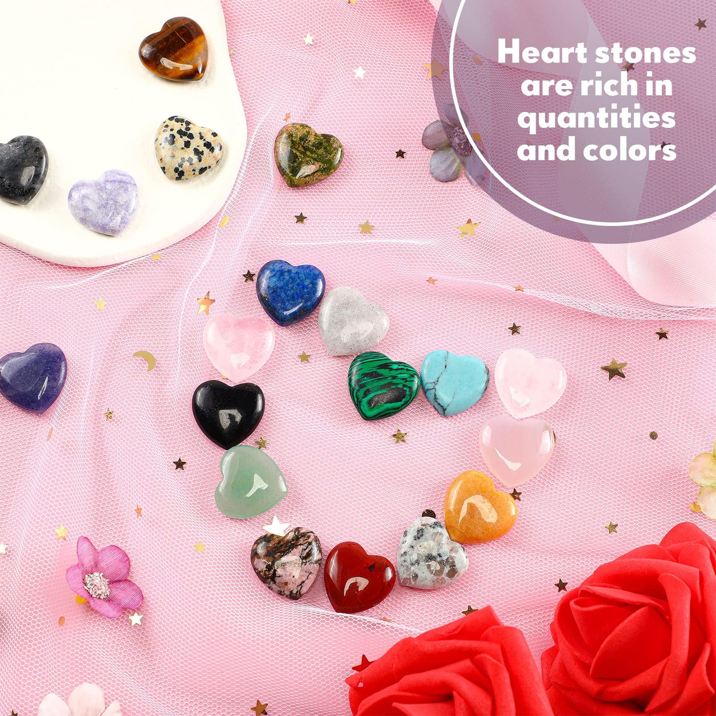 Nuenen 72 Pcs Natural Heart Shaped Healing Crystal Stone Bulk 0.8 Inch Polished Crystal Chakra Worry Gemstones Love Reiki Palm Pocket Carved Mini Decor for Witchcraft Meditation Valentines Gift Women