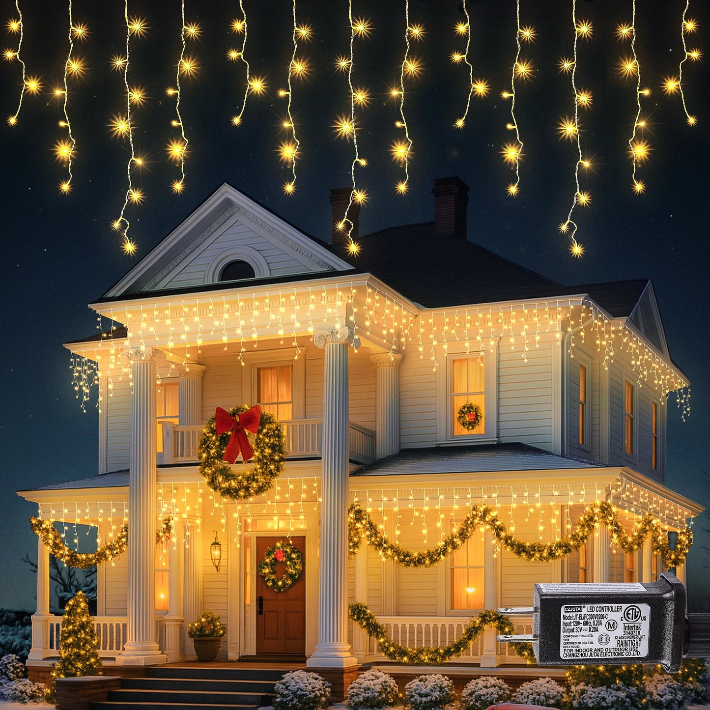 Hopolon 33FT 360L LED Christmas Icicle Lights Outdoor Waterproof,8 Modes Plug in Curtain String LIghts With 60 Drops,Christmas Lights for Wedding,Party,Bedroom,Home,Garden,Wall Decorations(Warm White)