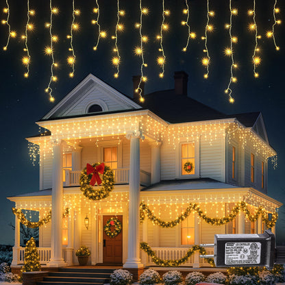 Hopolon 33FT 360L LED Christmas Icicle Lights Outdoor Waterproof,8 Modes Plug in Curtain String LIghts With 60 Drops,Christmas Lights for Wedding,Party,Bedroom,Home,Garden,Wall Decorations(Warm White)
