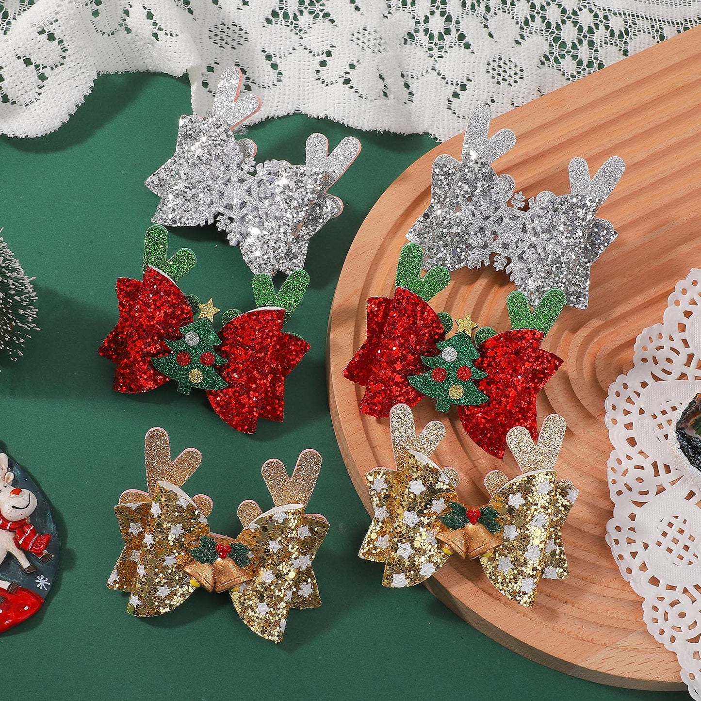 choicbaby 6pcs Christmas Hair Bows Clips 3" Glitter Sequin Baby Girl Hair Bows Christmas Tree Snowflake Bell Hair Accessories for Baby Girls Toddler Kids