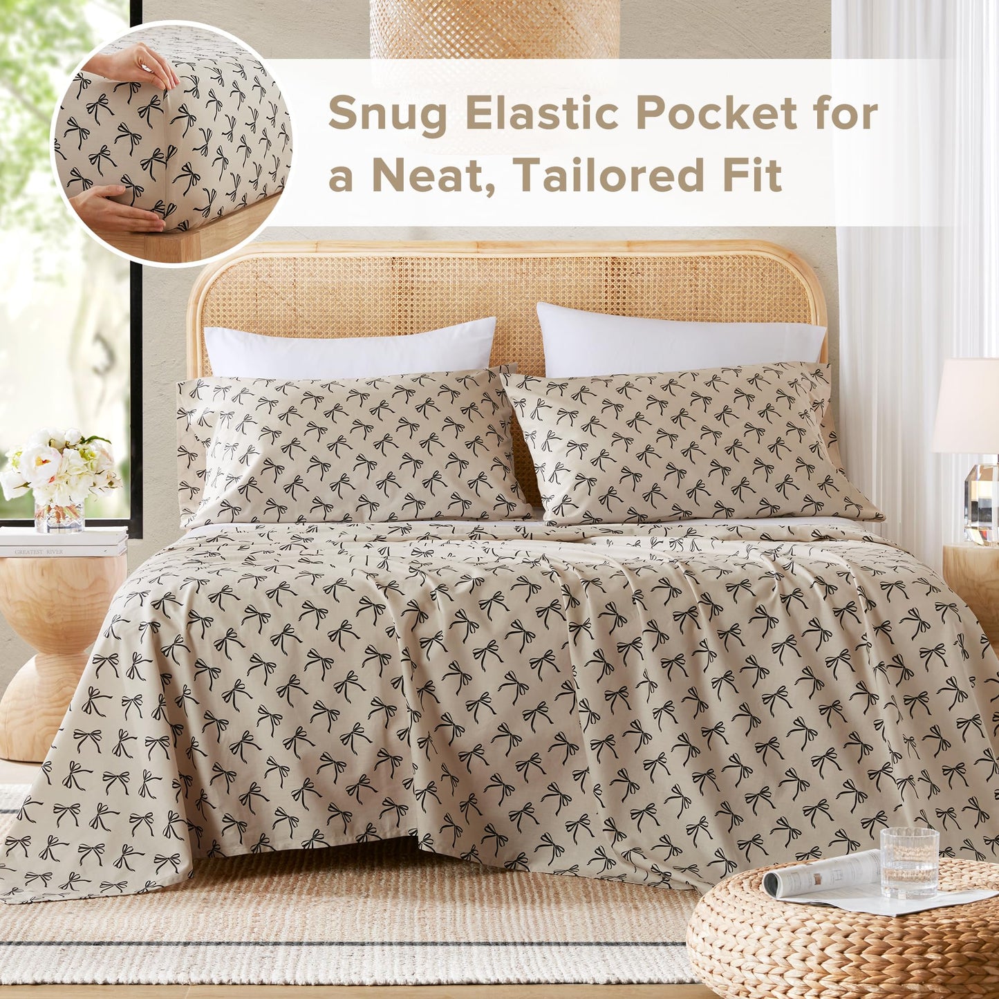 Comfort Spaces 100% Cotton Sheets King, Breathable, Naturally Cool Cotton Sheets, Soft Cotton Bed Sheets with 14" Elastic Pocket Fits up to 16" Mattress, All Seasons Sheet Set, Bow Black/Taupe 4 Piece