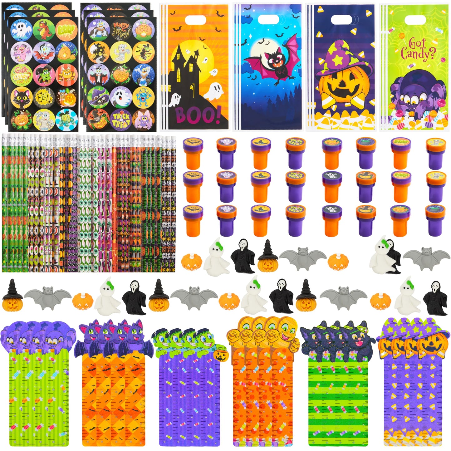 JOYIN 144 Pieces 24 Pack Assorted Halloween Themed Stationery Kids Gift Set Trick Treat Prize Party Favor Toy Including Halloween Pencils, Rulers, Stickers, Stamps and Erasers in Trick or Treat Bags