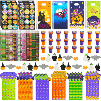 JOYIN 144 Pieces 24 Pack Assorted Halloween Themed Stationery Kids Gift Set Trick Treat Prize Party Favor Toy Including Halloween Pencils, Rulers, Stickers, Stamps and Erasers in Trick or Treat Bags