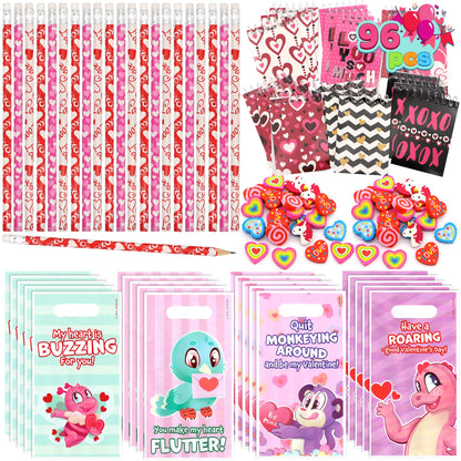 JOYIN 24packs Valentines Day Stationery Gifts, 96pcs Party Favor with Pencil, Erasers, Notebook & Bags for Kids School Classroom Exchange Supplies
