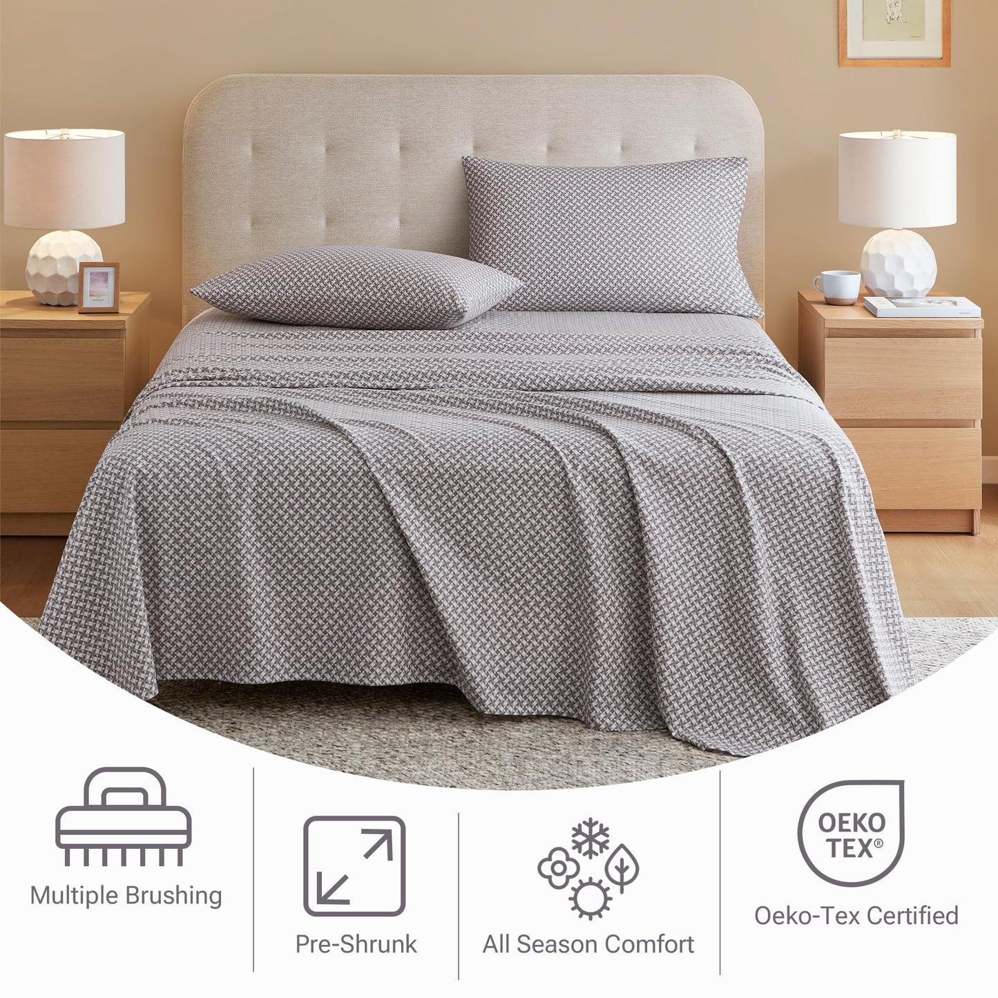 True North by Sleep Philosophy Cotton Sheet Set Cozy Print 100% Cotton Flannel Sheets Bedding Set, Oversized Sheets, Deep Pocket Fits Up to 14" Mattress Queen Bed Sheets Queen Snowflake 4 Piece