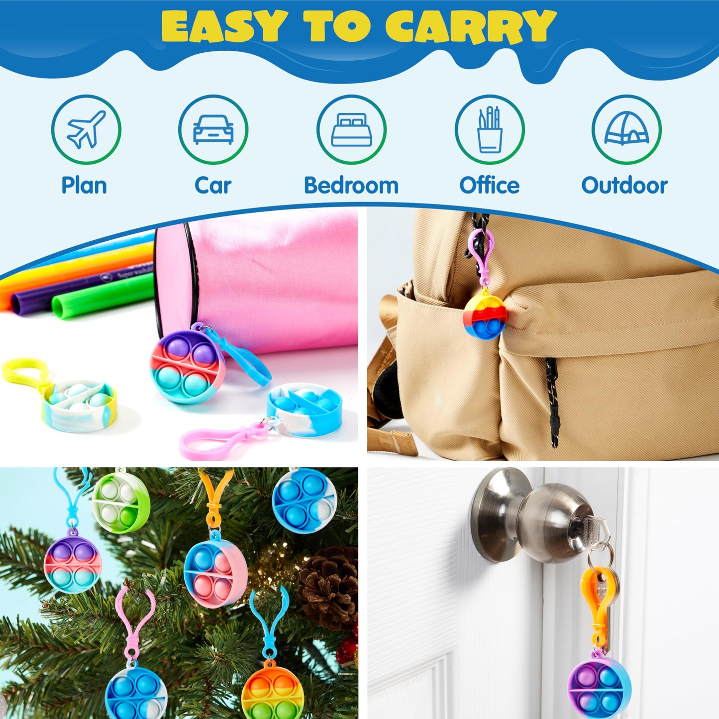 JOYIN 30 PCS Round Pop Fidget Kerings Mini Fidget Toys for Kids, Party Bag Fillers for Kids Poppet Fidget Toy Stress Relief Squeeze Keychain Toys, Party Favors Gifts for Boys and Girls