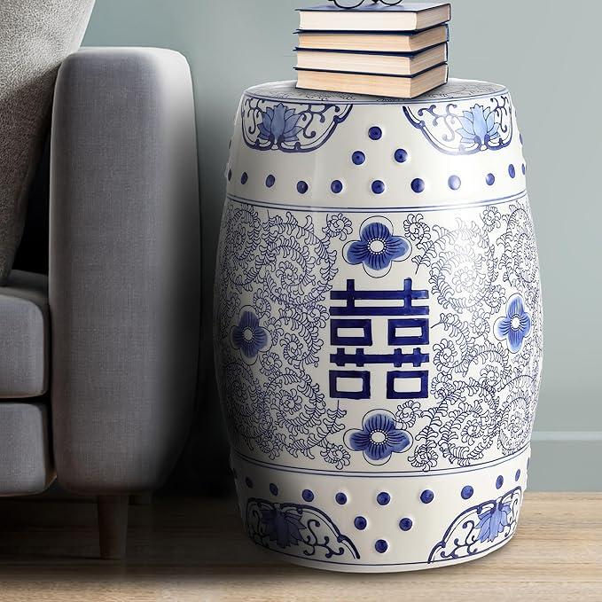 JONATHAN Y TBL1013A Double Happiness 18" Chinoiserie Ceramic Drum Indoor/Outdoor Garden Stool Bohemian, Coastal, Classic, Cottage, French Country, Traditional, Bathroom, Garden Room, Patio, Blue/White