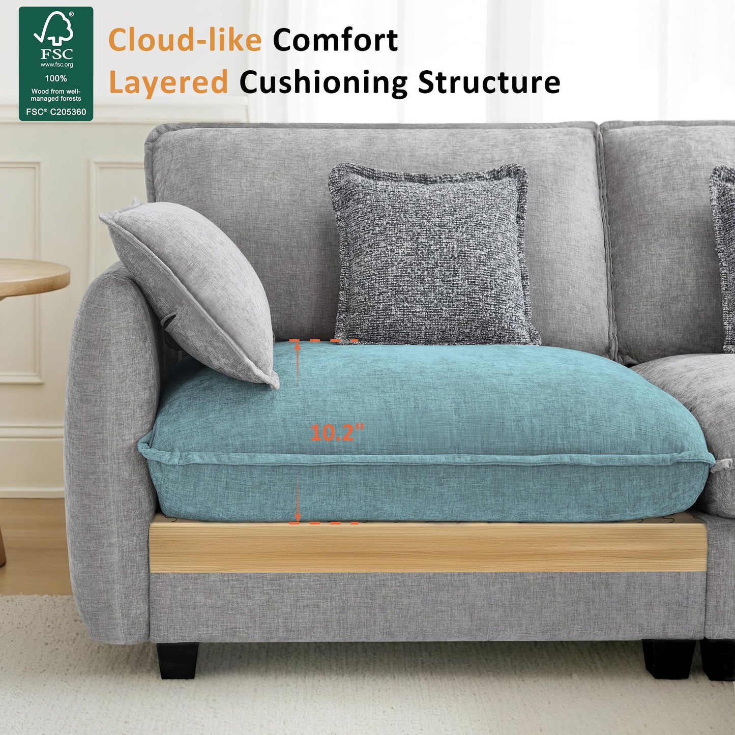 MCombo 82" Oversized Cloud Sectional Couch, Sectional Sofa with FSC Certified, Loveseat Couch with Ottoman for Living Room, Chenille S0701 (Grey)