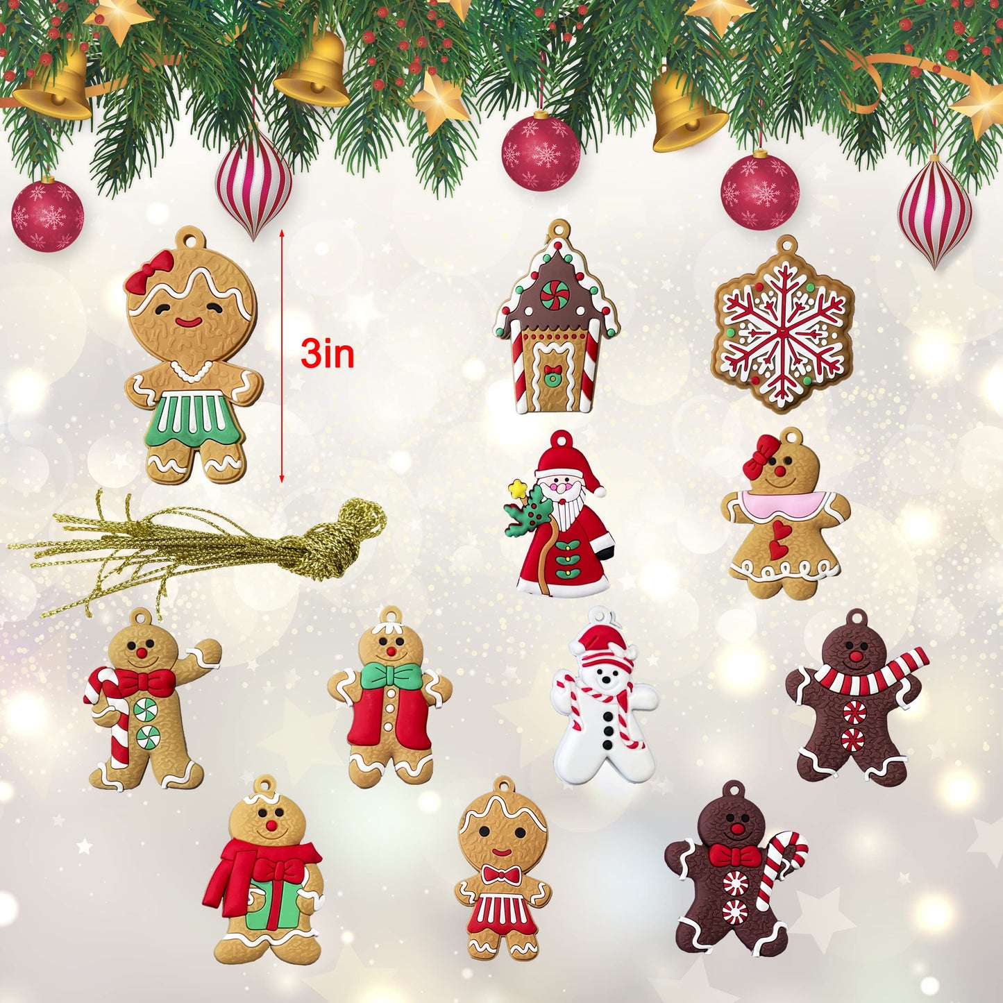 12pcs Christmas Ornaments Cute Snowman Xmas Tree Decorations Santa Claus Plastic Figurines Ornaments with Sugar Cookie House for Christmas Tree Hanging Party DIY Decor 3 Inch Tall