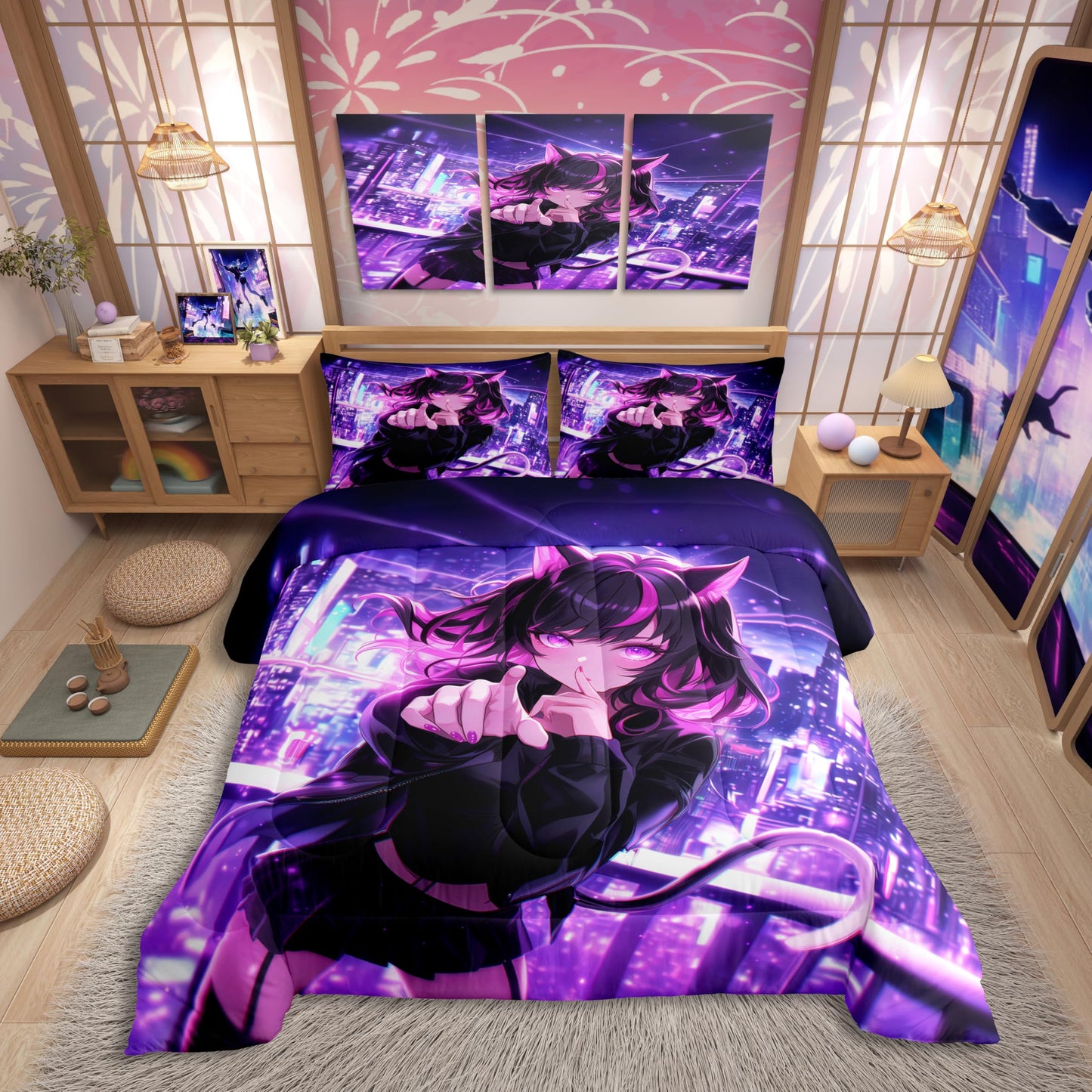 Erosebridal Kids Anime Girl Full Size Bedding Set, Japanese Anime Comforter Set, Cartoon Girl Duvet Insert for Boys Teens Bedroom Decor, Kawaii Japanese Animation Quilt with 2 Pillow Cases