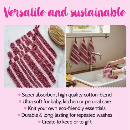 KnitPal Everyday Joy Knitting Kit – Make 4 Reusable Dishcloths for Confident Beginners – Cotton to The Core Yarn (#3 DK), Needles, Patterns & Video Tutorials (Cherry Red + Blush Pink)