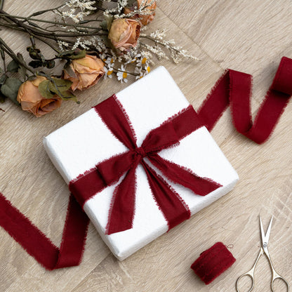 Keypan Burgundy Ribbon 1" x 15 Yards with Frayed Fringe Fabric Cotton Ribbons for Gift Wrapping Wedding Invitations Flower Bouquet Baby Shower