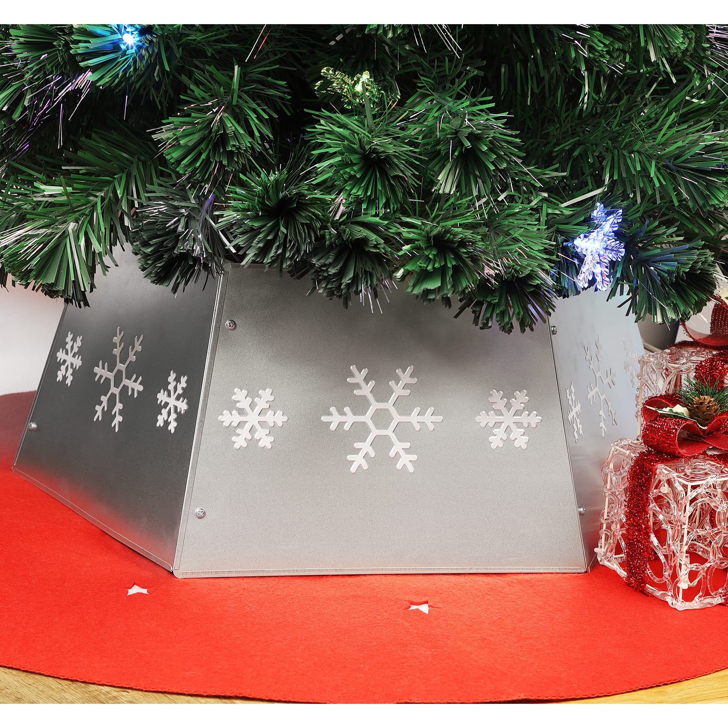 Blissun Metal Christmas Tree Ring, Christmas Tree Collar with Printed Snowflake, Willow Tree Skirt Base Stand for Christmas Tree Decorations (Silver)