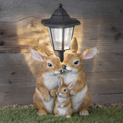 GloBrite Solar Rabbit Family with Lantern Post Light – Resin Garden Ornaments Outdoor Use - Solar Garden Lights for Yard, Patio, Lawn– Charming Animal Figurines