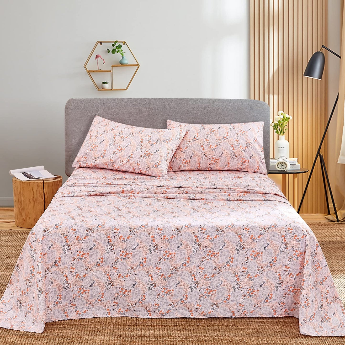 JSD Pink Paisley Floral Sheet Set King Size, 4 Piece Soft Printed Microfiber Sheets Extra Deep Pocket