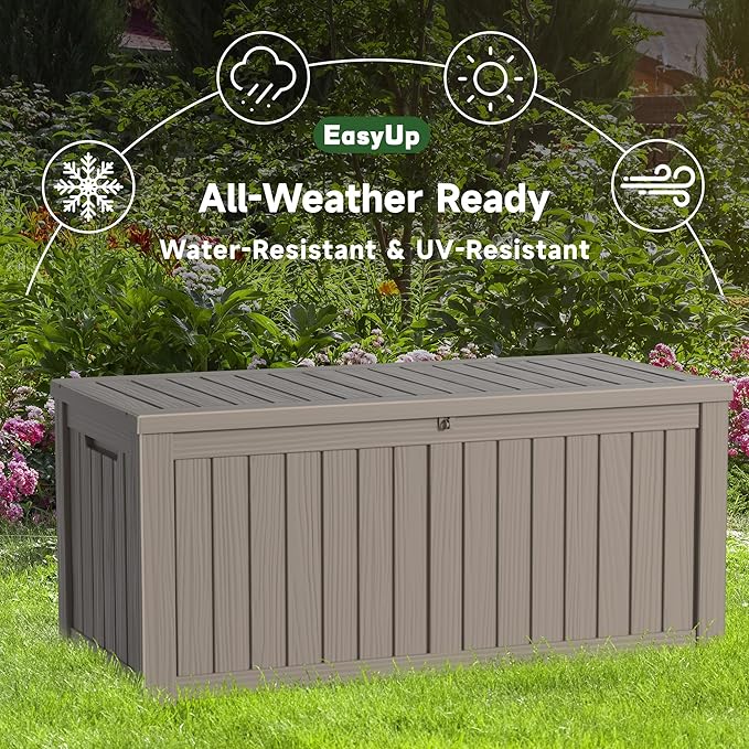 EasyUp 150 Gallon Outdoor Storage Box, Resin Waterproof UV-Resistant Deck Box with Hydraulic Lid Support, Reinforced Stability for Patio, Garden, and Poolside, Gray