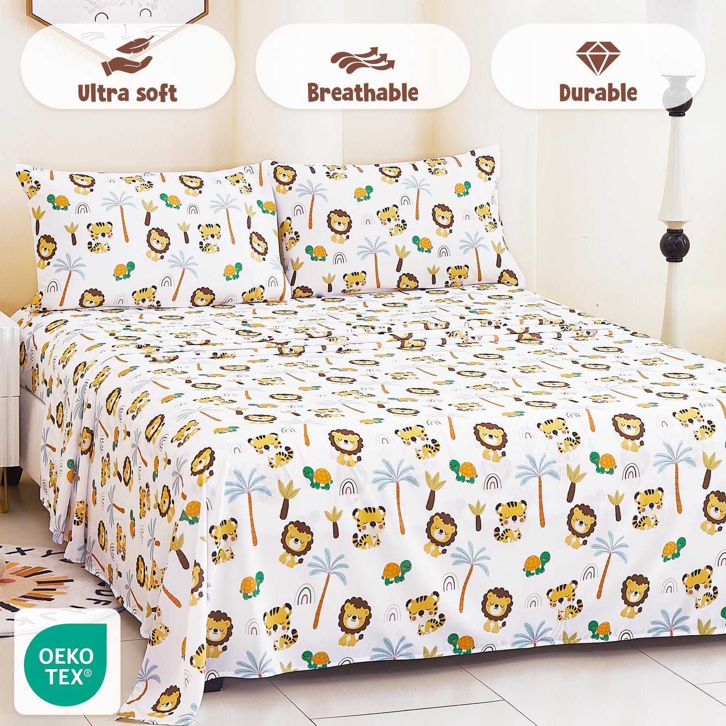 CozySmile Twin Sheet Set Kids,3 Pieces Breathable Soft Microfiber Bedsheets for Child Boys, Oeko-TEX, Anti Pilling Deep Pockets Easy Care Bed Sheets, Lion Tiger