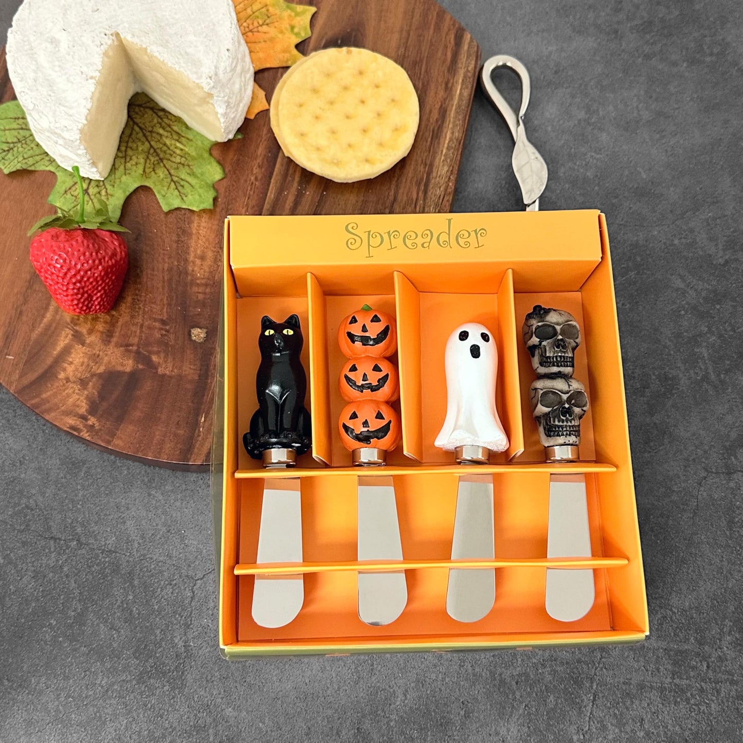 Supreme Housewares Halloween Themed Cheese Spreaders, Hand-Painted Resin Handles with Stainless Steel Blades for Spreading Cream Cheese, Butter, and Jam, Assorted Designs, Set of 4
