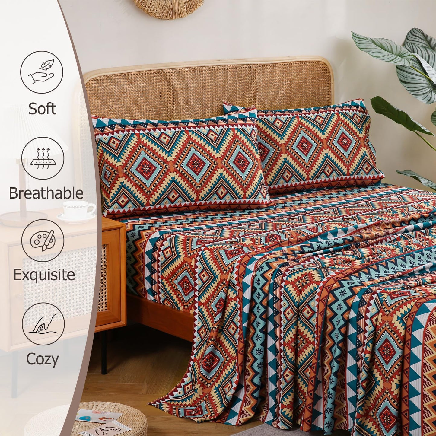CozySmile 4 Pieces King Sheet Set Bohemian, Boho Sheets Soft Microfiber Deep Pocket, Western Sheets Geometric(King, Rust Turquoise Diamond)