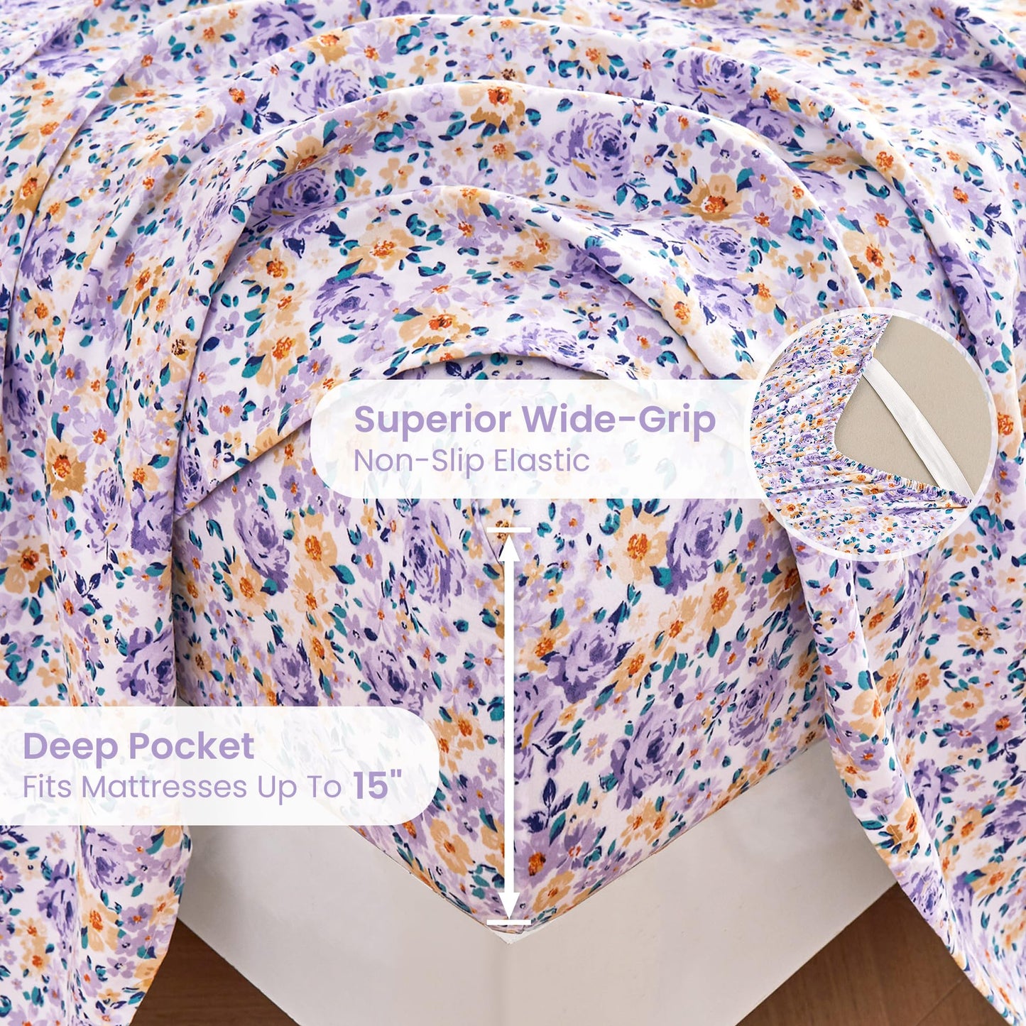 Mooreeke Floral Twin 3 Pieces Bed Sheets, Soft Microfiber Bedding Sheets & Pillowcases, Deep Pocket Non-Slip Vintage Twin Sheet, Purple Yellow Flower Pattern Bedsheets