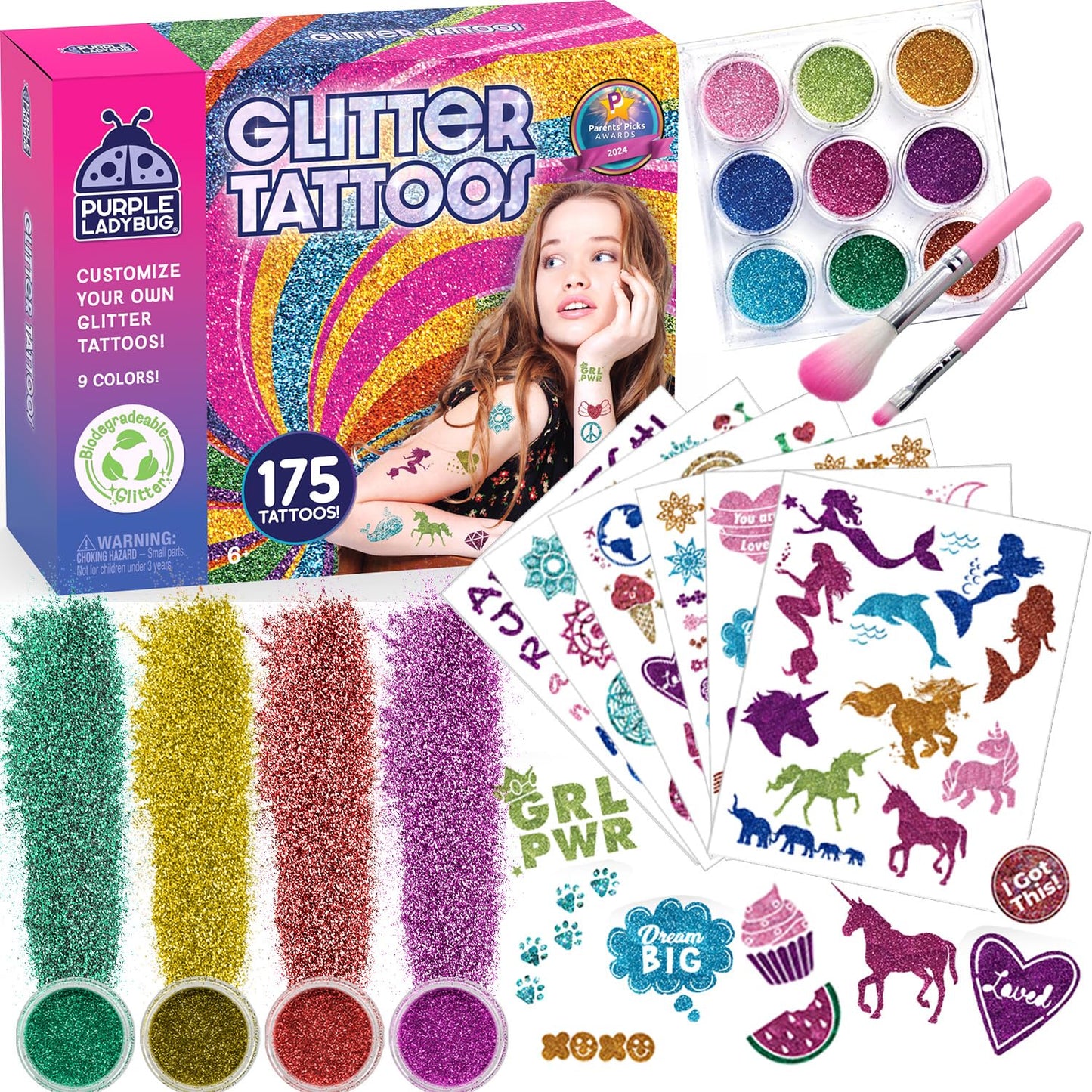 Purple Ladybug Glitter Tattoos for Kids - Includes 9 Colors, 175 Safe Temporary Tattoos Design - 5 Year Old Girls Gifts - Girls Birthday Presents - DIY Arts and Crafts Gift for Girls Aged 5-12