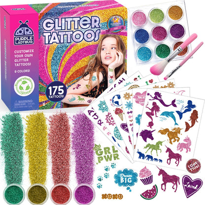 Purple Ladybug Glitter Tattoos for Kids - Includes 9 Colors, 175 Safe Temporary Tattoos Design - 5 Year Old Girls Gifts - Girls Birthday Presents - DIY Arts and Crafts Gift for Girls Aged 5-12