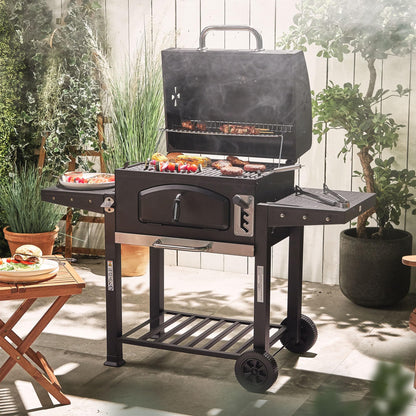VonHaus Charcoal BBQ – XL Portable Barbecue with Warming Rack, Fold Down Shelves, Temperature Gauge, Wheels, Cooking Grill, Air Vents – 2 in 1 Barbeque and Smoker – Grill Meat, Fish & Vegetables