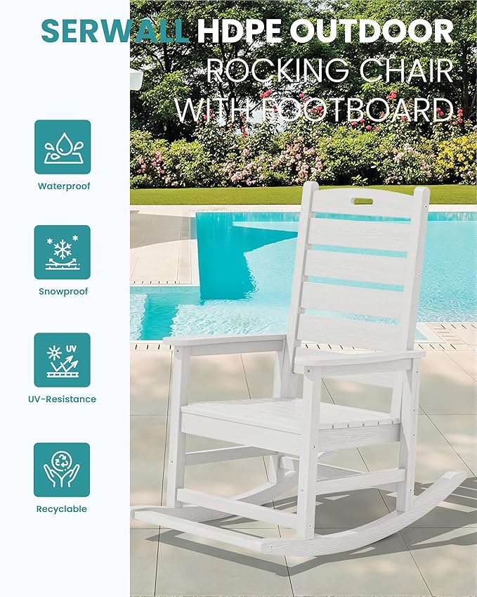 SERWALL Outdoor Rocking Chair Set of 4, Oversized HDPE Patio Rocking Chair with Footrest for Adults, All Weather Porch Rocker for Deck Patio Balcony, White