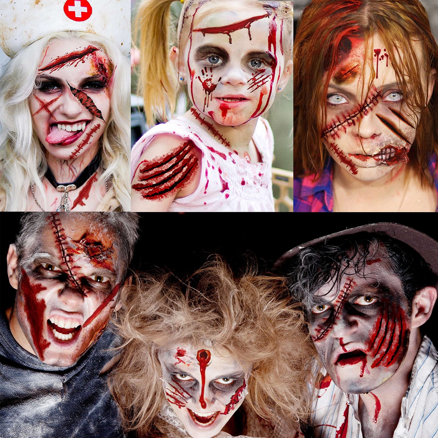 VANTATY 215+ PCS 30 Sheets 3D Fake Scars Tattoo Temporary Halloween Makeup Kit, Fake Stitches Tattoos Cut Scary Face Wound Blood Chucky Scars Tatoos For Kids Women Men Boys Girls Zombie Sticker