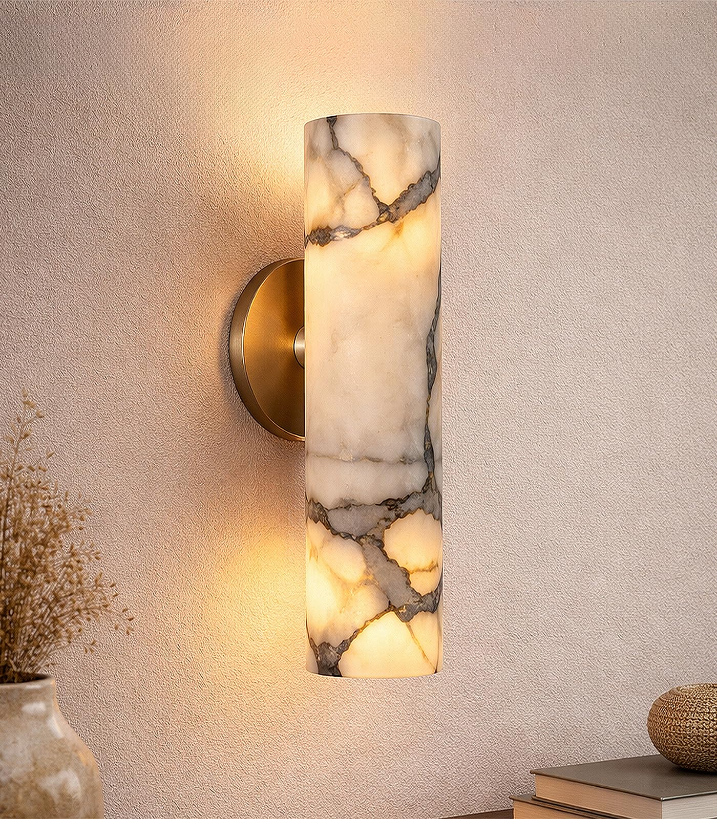 KAKINOTE Marble Wall Sconce,Calacatta Viola Alabaster Wall Sconce 9.5”Modern Natural Stone Wall Lamp for Bedroom,Bathroom Vanity,Hallway & Bedside,Hardwired G9 Base,Up and Down Lighting Fixtures