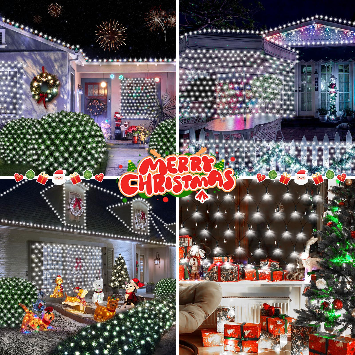 Hezbjiti Christmas Net Lights Outdoor 200 LED 6.9FT x 5.4FT Green Wire with 8 Modes, Connectable Plug in Waterproof, Timer Memory Function for Xmas Tree Bush Porch Lawn Windows Decor（2 Pcs Cold White