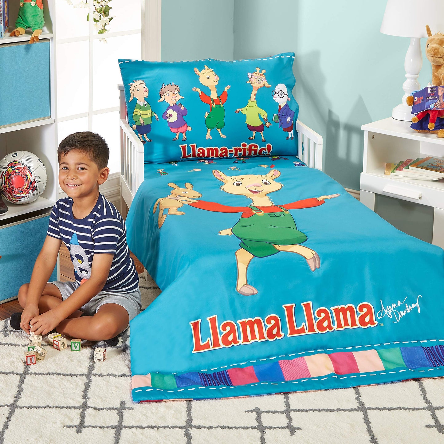 EVERYDAY KIDS Llama Llama 4 Pc Toddler Bedding Set with Comforter, Flat Sheet, Fitted Sheet and Pillowcase Bright Blue Toddler Bed Set Features Llama Llama and Friends